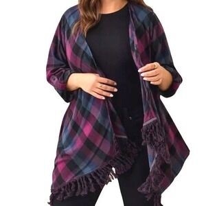 Torrid 1X Purple Plaid Fringe 90's Aesthetic Grunge Flannel Wrap Cardigan
